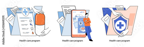 Health care program metaphor, online medical services, protection medicine. Medical insurance, hospital services, preventive check up, sick leave certificate treatment diagnosis patients, telemedicine