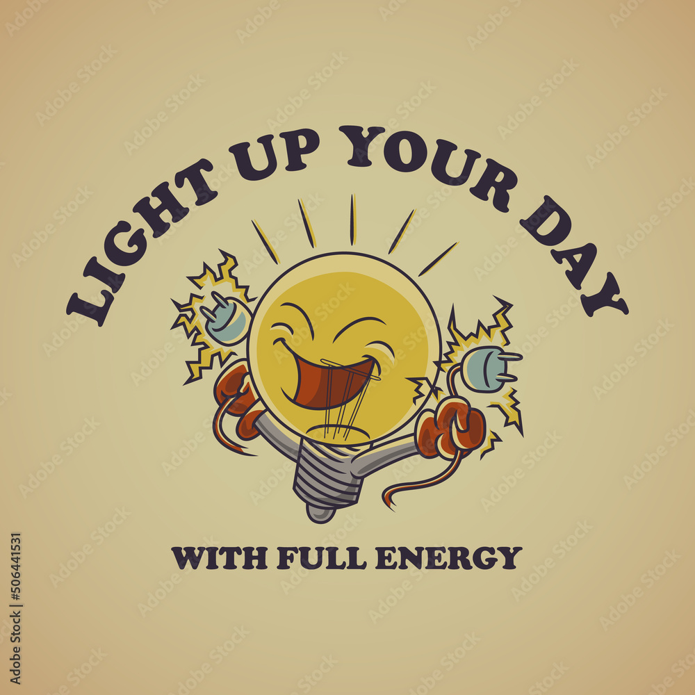 Fototapeta premium Cartoon emblem of happy bulb with retro style