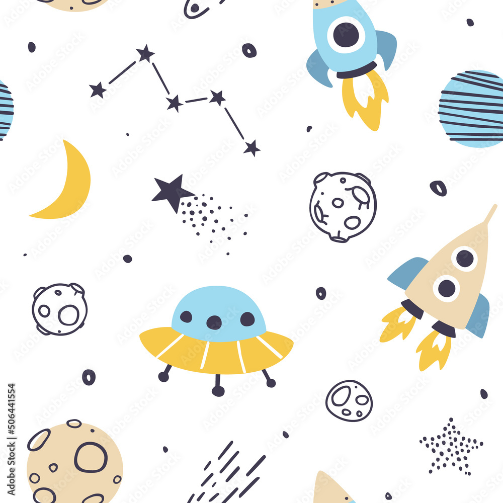 Fototapeta Cute outer space scandinavian pattern. Cosmic vector seamless print for baby textile and fabric.