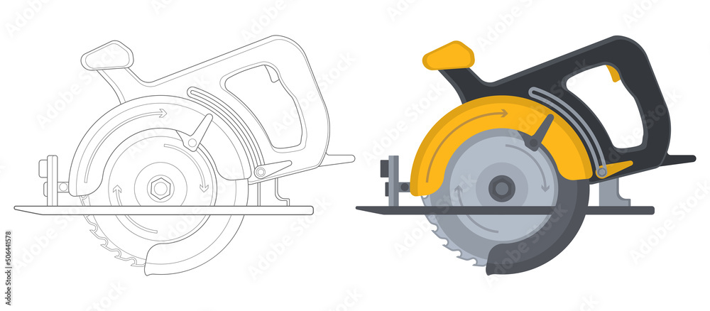 Outlined and colorful circular saw with steel toothed disc. Vector flat woodworking tool. Electric hand tool for cutting wood or metal. Building equipment.