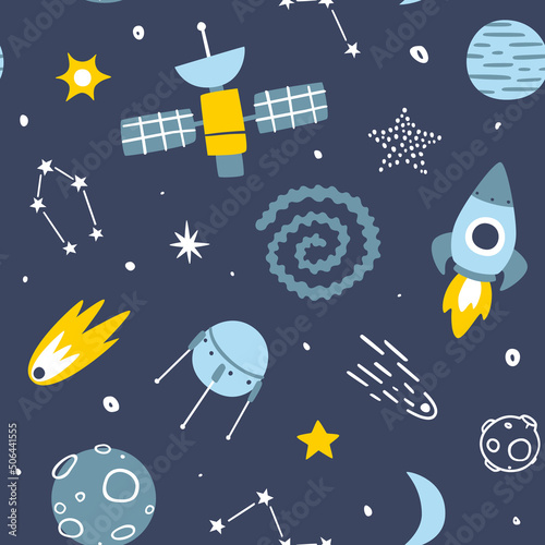 Fototapeta Naklejka Na Ścianę i Meble -  Outer space blue baby pattern. Cosmic vector seamless print for nursery wallpaper and kids textile.