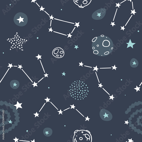 Night sky pattern with constellations. Astronomy vector seamless print with stars and asteroid.