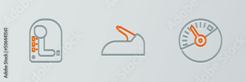 Set line Speedometer, Gear shifter and Car handbrake icon. Vector