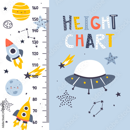 Space adventure height chart for nursery. Scandinavian cosmic kids ruler. Cute stadiometer for baby room.