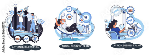Action business plan, development strategies, foreseeing market risks. Company success secret, idea growing business achieve target metaphor, study production and sales market. Strategic biz planning