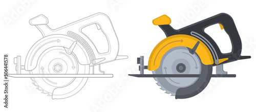 Outlined and colorful circular saw with steel toothed disc. Vector flat woodworking tool. Electric hand tool for cutting wood or metal. Building equipment.