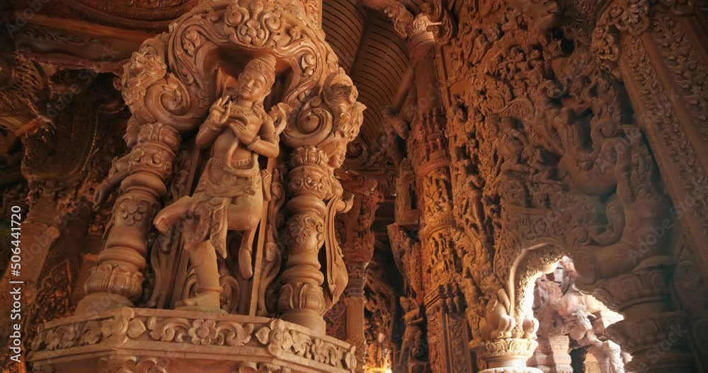 Interior Sanctuary of Truth (Prasat Sut Ja-Tum), beautiful wooden temple by the sea on the outskirts of Pattaya Thailand, Amazing Thailand travel concept.