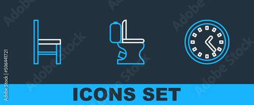 Set line Clock, Chair and Toilet bowl icon. Vector