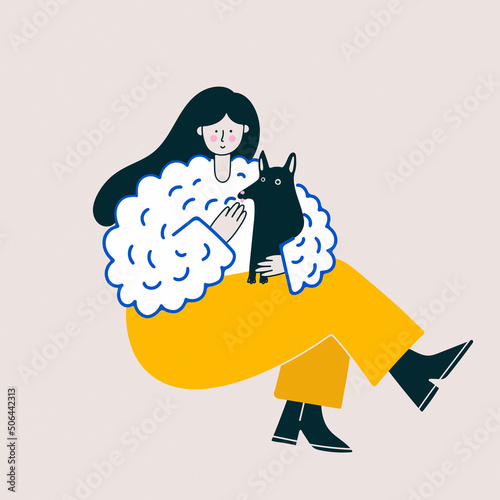 Cute colorful isolated illustration of a girl with dog together