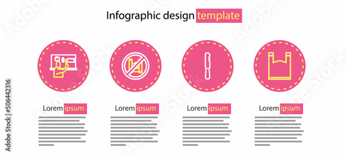 Set line Disposable plastic knife, Plastic bag, Say no to bags poster and Stop pollution icon. Vector