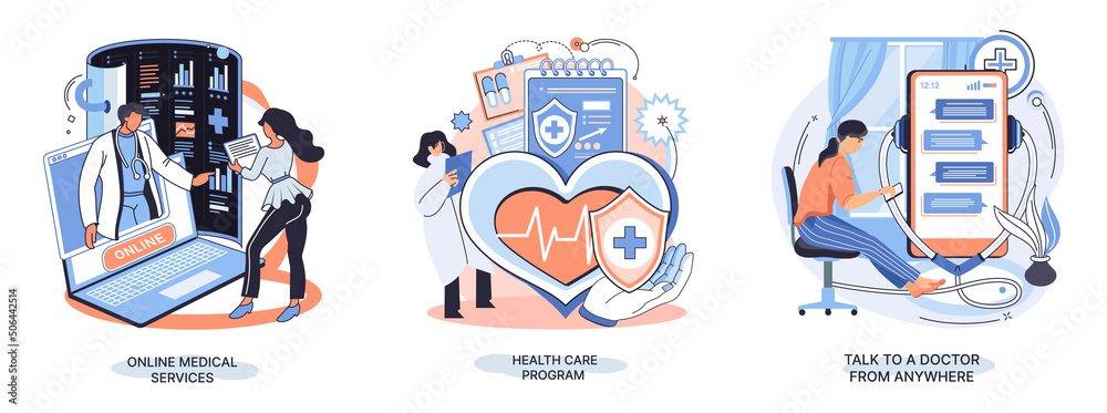 Fototapeta premium Mobile medicine mhealth online doctor, online medical services, health care program, talk to doctor from anywhere. Smartphone with medical application. Digital health and medical consultation metaphor