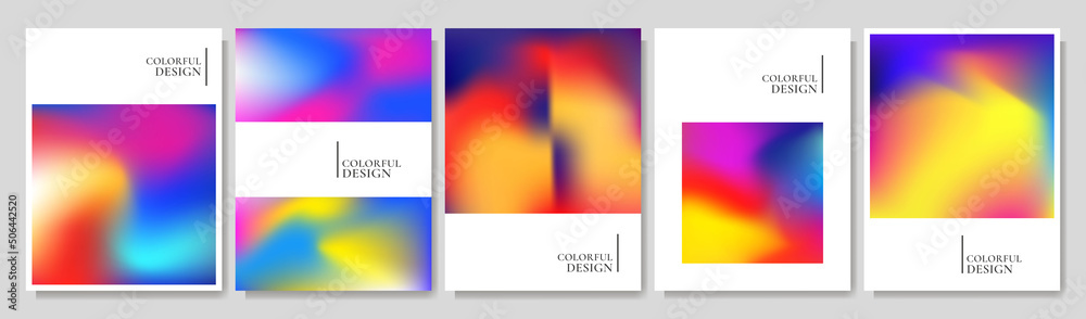 Vector illustration. Background set. Abstract gradient style. Holographic modern style. Neon light color. Blurred square shape with white banner. Design elements for brochure, cover, magazine, poster