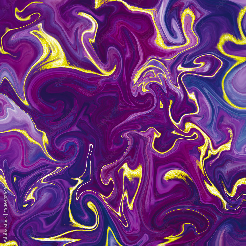 Purple marble texture design, abstract painting, fashion art print. Blue and gold waves.Fluid marble texture.