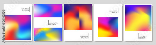 Vector illustration. Background set. Abstract gradient style. Holographic modern style. Neon light color. Blurred square shape with white banner. Design elements for brochure, cover, magazine, poster