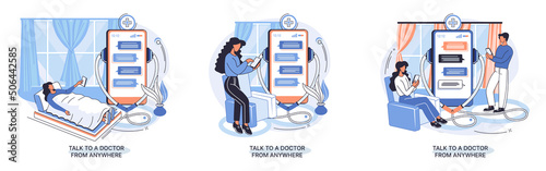 Online medical services mobile application consultation and prescription medicine professional doctor connecting and giving consultation for patient anywhere telemedicine metaphor, health care program