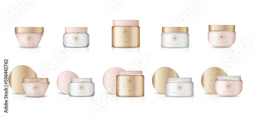 Realistic cosmetic bottles on white background. Cosmetic cream containers and tubes for cream, lotion, shampoo, gel, balsam, conditioner, spray. 3d Vector Illustration