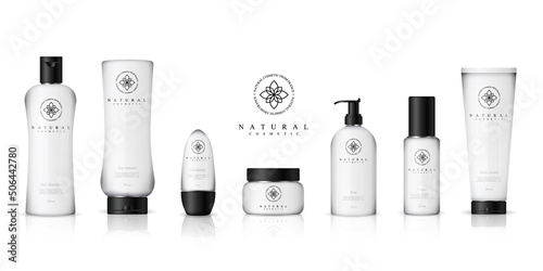 Realistic cosmetic bottles on white background. Cosmetic cream containers and tubes for cream, lotion, shampoo, gel, balsam, conditioner, spray. 3d Vector Illustration