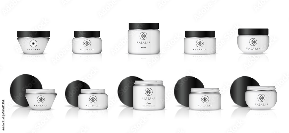 Realistic cosmetic bottles on white background. Cosmetic cream containers and tubes for cream, lotion, shampoo, gel, balsam, conditioner, spray. 3d Vector Illustration Realistic cosmetic bottles on white background. Cosmetic cream containers and tubes for cream, lotion, shampoo, gel, balsam, conditioner, spray. 3d Vector Illustration