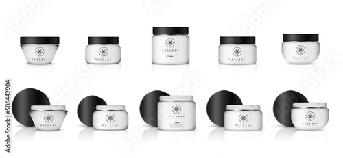 Realistic cosmetic bottles on white background. Cosmetic cream containers and tubes for cream, lotion, shampoo, gel, balsam, conditioner, spray. 3d Vector Illustration