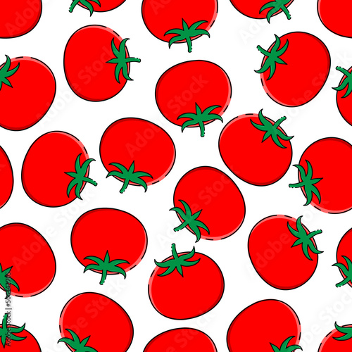 Vector seamless fruit pattern, juicy red tomatoes on a white background. Modern vegan pattern, for decoration of vegetarian products and decor