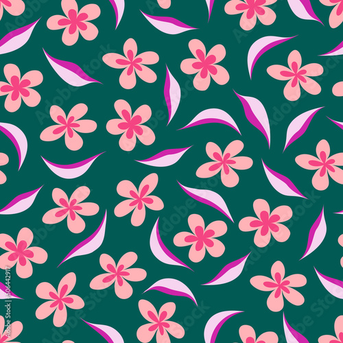 Vector seamless floral pattern. Pink flowers and leaves on an emerald dark green background. Luxury template for website design, product design, packaging, textiles, etc.