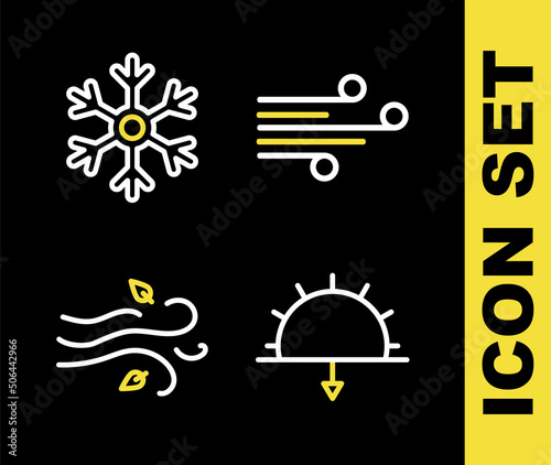 Set line Wind  Sunset  and Snowflake icon. Vector