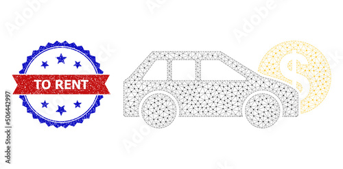 Network car leasing carcass illustration, and bicolor textured To Rent watermark. Polygonal carcass illustration is designed with car leasing icon.