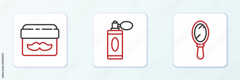 Set line Hand mirror, Cream lotion cosmetic jar and Aftershave bottle with atomizer icon. Vector Set line Hand mirror, Cream lotion cosmetic jar and Aftershave bottle with atomizer icon. Vector