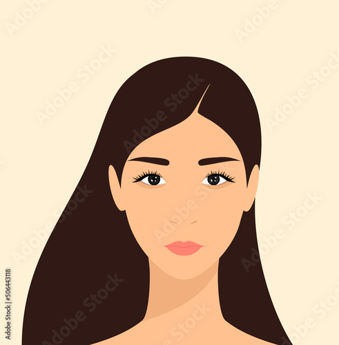 Portrait of a young beautiful asian woman with long brown hair. Vector illustration in flat style