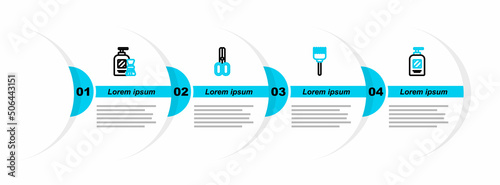 Set line Bottle of shampoo, Hairbrush, Scissors hairdresser and Shaving gel foam and icon. Vector