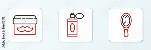 Set line Hand mirror, Cream lotion cosmetic jar and Aftershave bottle with atomizer icon. Vector