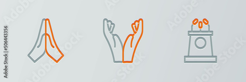 Set line Stage stand or tribune, Hands in praying position and icon. Vector