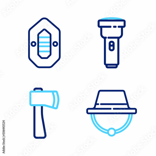 Set line Camping hat, Wooden axe, Flashlight and Rafting boat icon. Vector