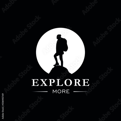 Silhouette man on rock, logo, adventure, hiking, mountain climbing, exploring.