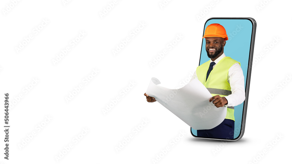 Black Male Civil Engineer With Blueprints Peeking Out Of Big Smartphone Screen Black Male Civil Engineer With Blueprints Peeking Out Of Big Smartphone Screen