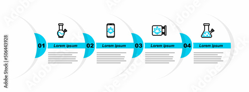 Set line Glass bong for smoking cannabis, Marijuana and store, Mobile marijuana and icon. Vector