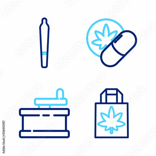Set line Shopping paper bag of marijuana, Manual grinder, Herbal ecstasy tablets and Marijuana joint icon. Vector