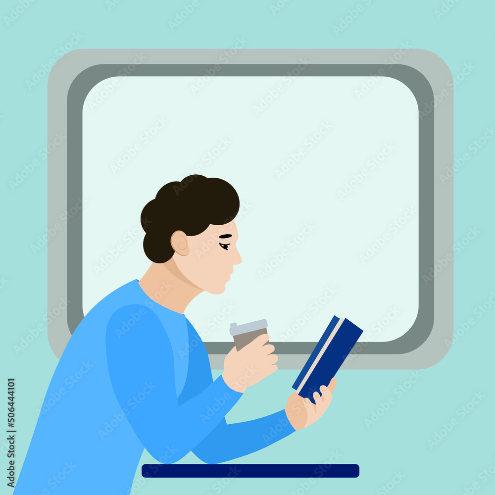 Guy with a book in one hand and coffee in the other against the background of a train window, a flat vector on a white background