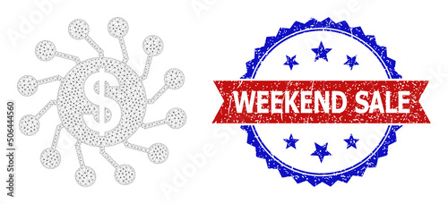 Mesh dollar network carcass illustration, and bicolor dirty Weekend Sale watermark. Mesh carcass symbol is created from dollar network pictogram.