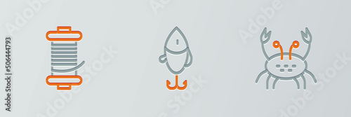 Set line Crab, Spinning reel for fishing and Fishing lure icon. Vector