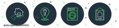 Set line Location key, Washer, Realtor and House contract icon. Vector