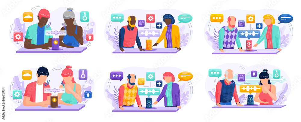 Smart speaker with virtual assistant concept, sound robot, people sitting near speaker symbol using modern digital device. Couple using voice control contactless mobile device with microphone Smart speaker with virtual assistant concept, sound robot, people sitting near speaker symbol using modern digital device. Couple using voice control contactless mobile device with microphone