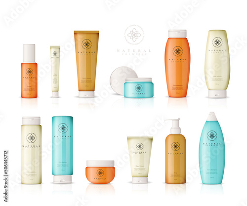 Realistic cosmetic bottles on white background. Cosmetic cream containers and tubes for cream, lotion, shampoo, gel, balsam, conditioner, spray. 3d Vector Illustration