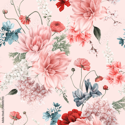 Seamless floral pattern with flowers on summer background, watercolor illustration. Template design for textiles, interior, clothes, wallpaper