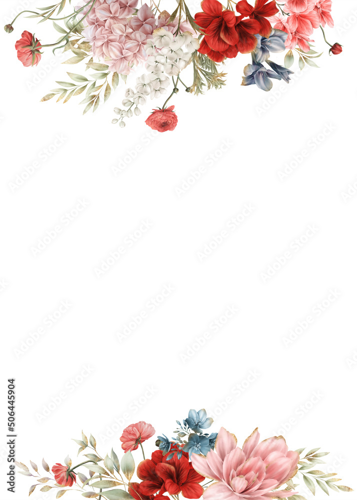 Floral border with garden flowers and foliage, can be used as invitation card for wedding, birthday and other holiday and summer background. Botanical art. Watercolor Floral border with garden flowers and foliage, can be used as invitation card for wedding, birthday and other holiday and summer background. Botanical art. Watercolor