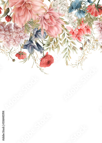 Floral border with garden flowers and foliage, can be used as invitation card for wedding, birthday and other holiday and  summer background. Botanical art. Watercolor