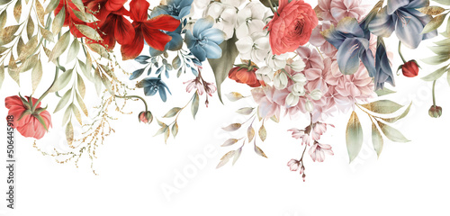 Fototapeta Naklejka Na Ścianę i Meble -  Floral border with garden flowers and foliage, can be used as invitation card for wedding, birthday and other holiday and  summer background. Botanical art. Watercolor