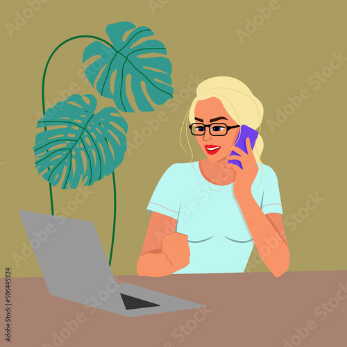 A young blonde business woman is working in social networks on a laptop, talking on the smartphone and smiling. She rejoices in success. Flat vector illustration