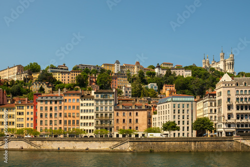 View of the basilica Fourviere at the top of hill and the river Rhône at the picturesque city of Lyon © DIMITRIOS