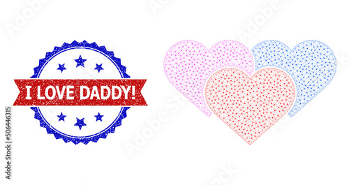 Polygonal lovely hearts carcass icon, and bicolor unclean I Love Daddy! seal stamp. Polygonal wireframe image is designed with lovely hearts icon.